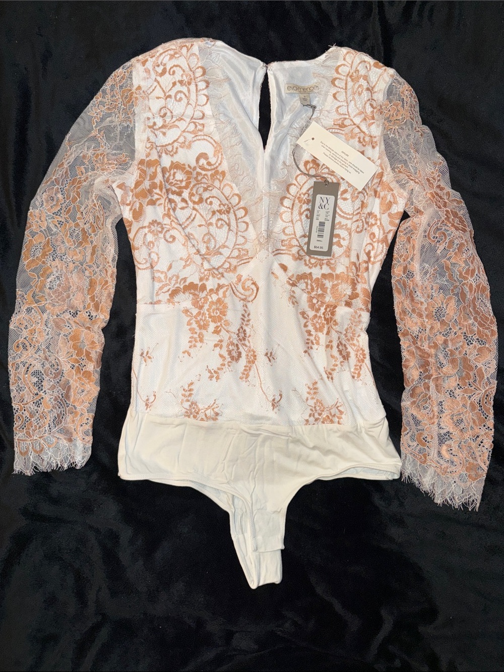 eva mendes for New York & Company White and Peach Lace Long-Sleeve Bodysuit